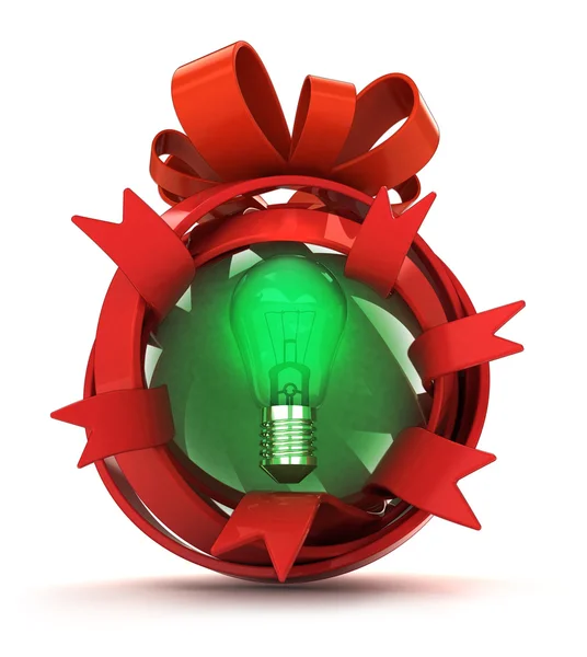 Opened red ribbon gift sphere with green shiny bulb inside — Stock Photo, Image