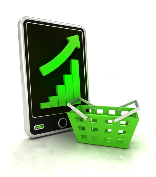 Aumento de estatísticas de gráficos com carrinho manual de comércio na tela do telefone inteligente — Fotografia de Stock