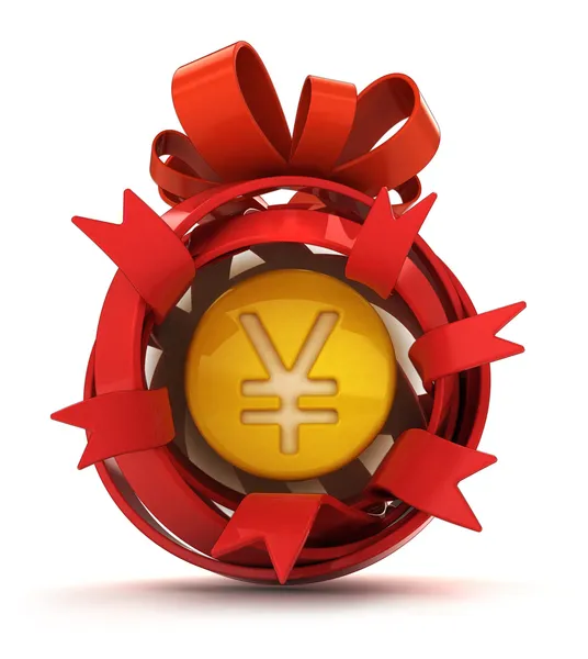 Opened red ribbon gift sphere with golden Yen coin inside — Stock Photo, Image