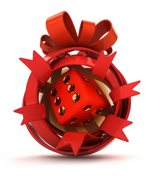 Opened red ribbon gift sphere with red lucky dice inside — Stock Photo, Image