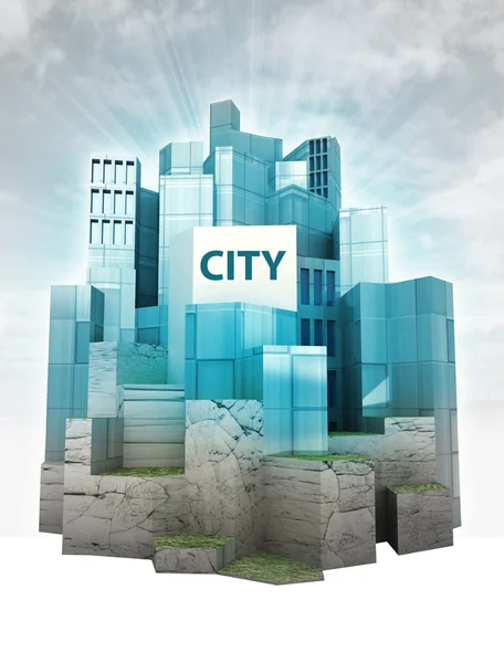 Isla moderna de la ciudad con destello del cielo y renderizado de texto — Foto de Stock