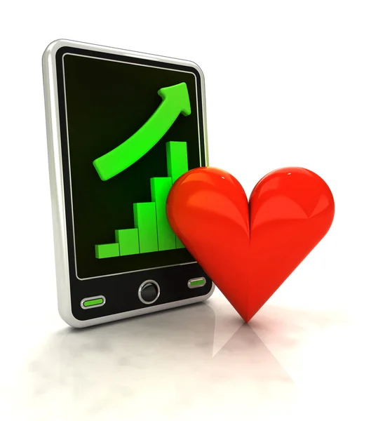 Increasing graph stats of love on smart phone display — Stock Photo, Image
