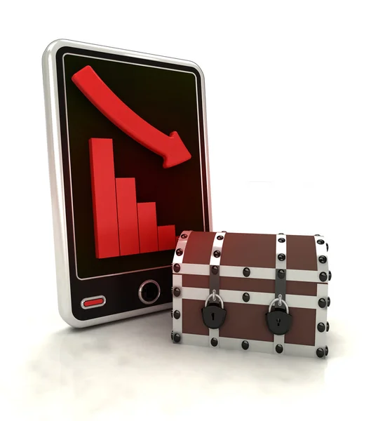 Descending graph stats with chest on smart phone display — Stock Photo, Image