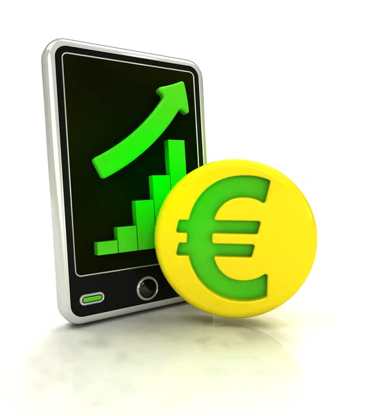 Increasing graph stats of euro currency business on smart phone display — Stock Photo, Image