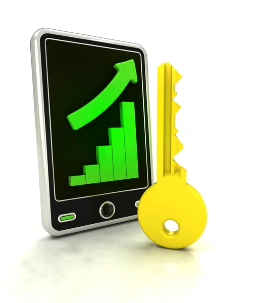 Increasing graph stats with key to business on smart phone display — Stock Photo, Image