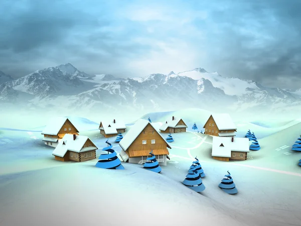 Winter village general view with high mountain landscape — Stock Photo, Image
