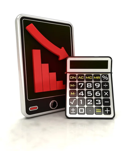 Aflopende negatieve grafiek met Rekenmachine op slimme telefoon display — Stockfoto
