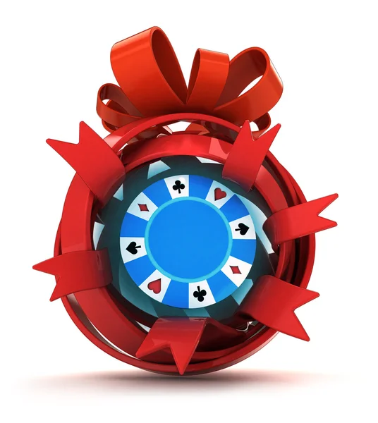 Opened red ribbon gift sphere with blue poker chip inside — Stock Photo, Image