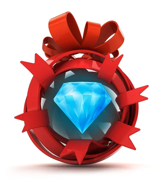 Opened red ribbon gift sphere with big blue diamond inside — Stock Photo, Image