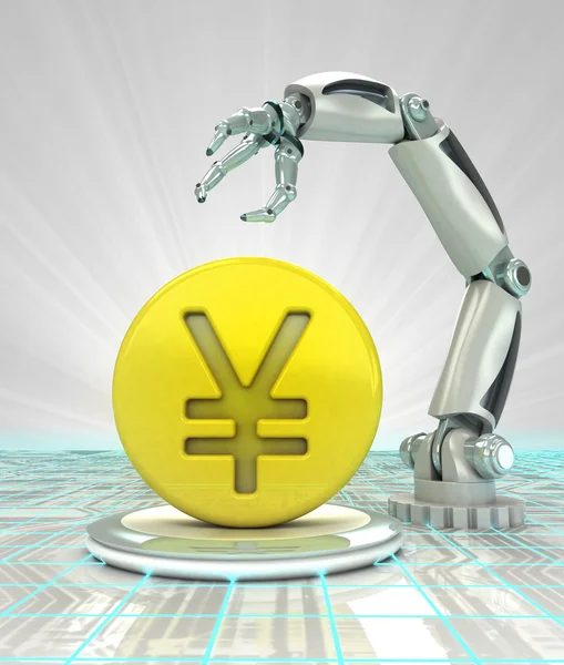 Yuan coin investment to robotic hand use in modern industries render — Stock Photo, Image