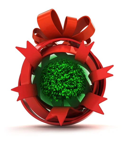 Opened red ribbon gift sphere with green leafy tree inside — Stock Photo, Image