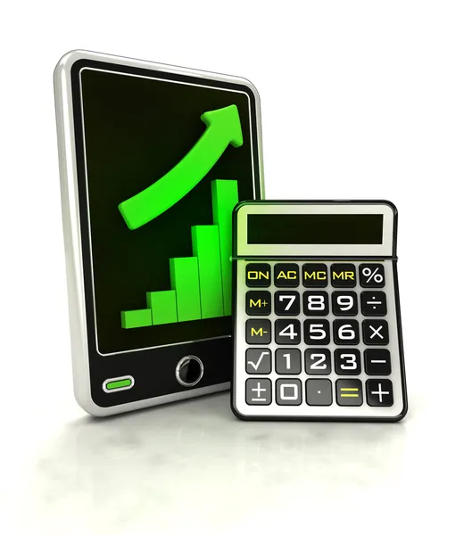 Increasing graph stats with business calculator on smart phone display — Stock Photo, Image