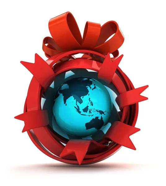 Opened red ribbon gift sphere with Asia earth globe inside — Stock Photo, Image