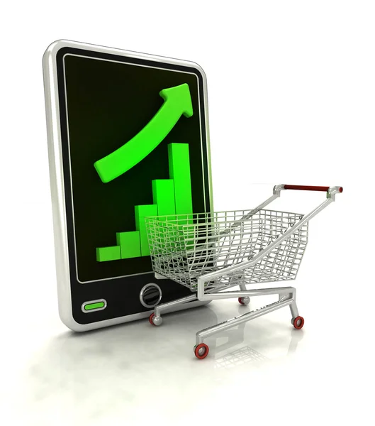 Increasing graph stats with trade cart on smart phone display — Stock Photo, Image