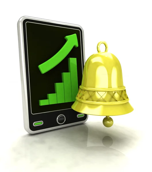 Aumento del gráfico de producción con campana en la pantalla del teléfono inteligente —  Fotos de Stock