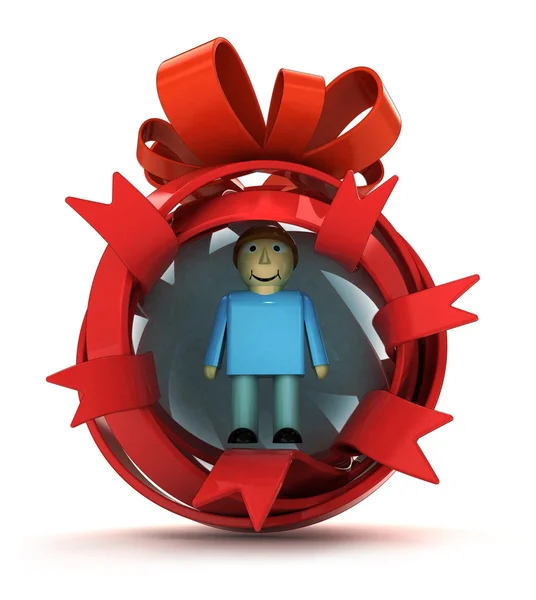 Opened red ribbon gift sphere with man figure inside — Stock Photo, Image