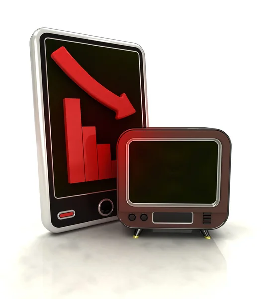 Descending graph stats with television on smart phone display — Stock Photo, Image