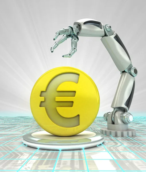 Euro coin investment to robotic hand use in modern industries render — Stock Photo, Image