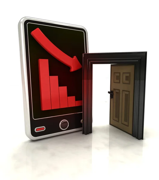 Aflopende negatieve grafiek met open deur op slimme telefoon display — Stockfoto