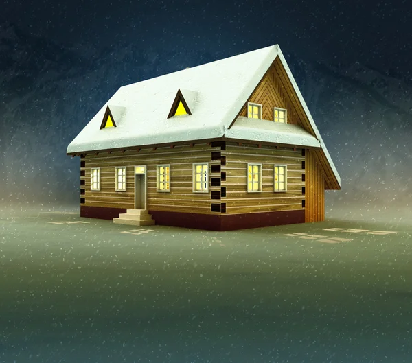 Górski dom i okna oświetlenie w snowy nocy — Zdjęcie stockowe