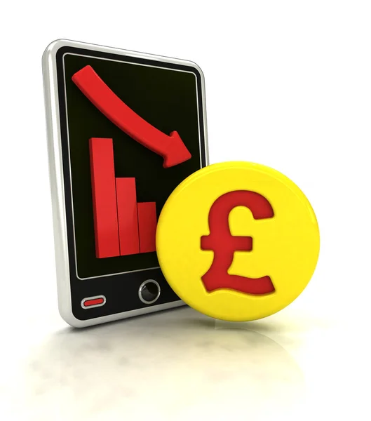 Gráfico descendente de las estadísticas negativas de libras en la pantalla del teléfono inteligente —  Fotos de Stock