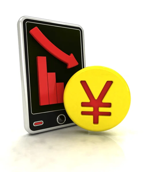 Grafico discendente di Yuan statistiche negative sul display dello smartphone — Foto Stock
