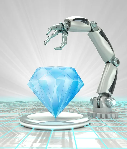 人工ダイヤモンドのサイバネチィック ロボットハンド作成をレンダリングします。 — ストック写真