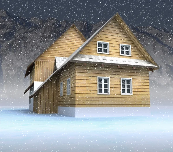 Velha cabana de montanha à noite nevasca — Fotografia de Stock
