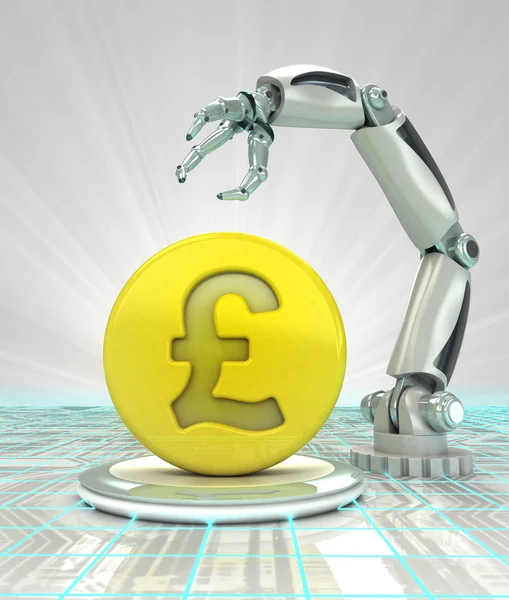 Pound coin investment to robotic hand use in modern industries render — Stock Photo, Image