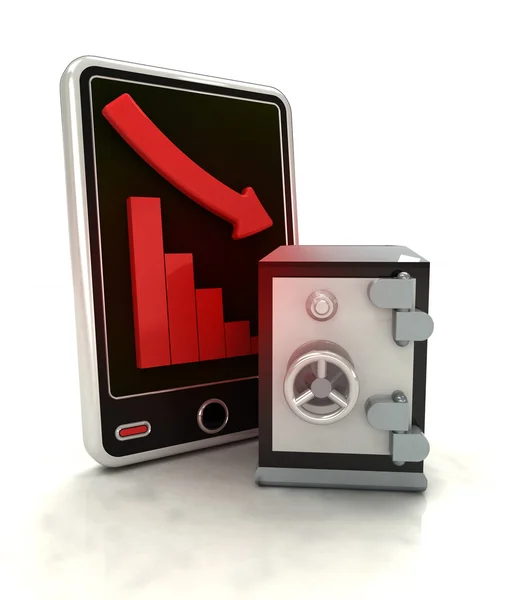 Aflopende grafiek stats met bank kluis op slimme telefoon display — Stockfoto
