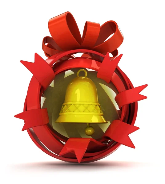 Opened red ribbon gift sphere with golden bell inside — Stock Photo, Image