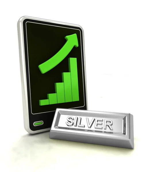 Aumento delle statistiche del grafico delle attività commerciali in argento sul display dello smartphone — Foto Stock
