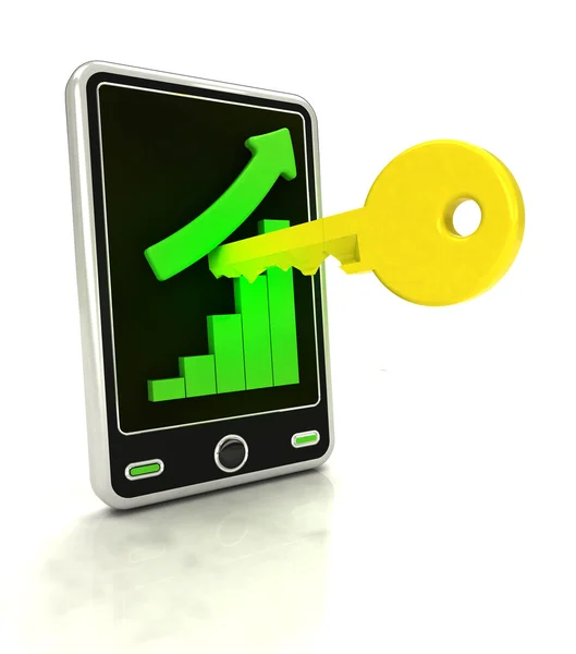 Increasing graph stats with key to success on smart phone display — Stock Photo, Image