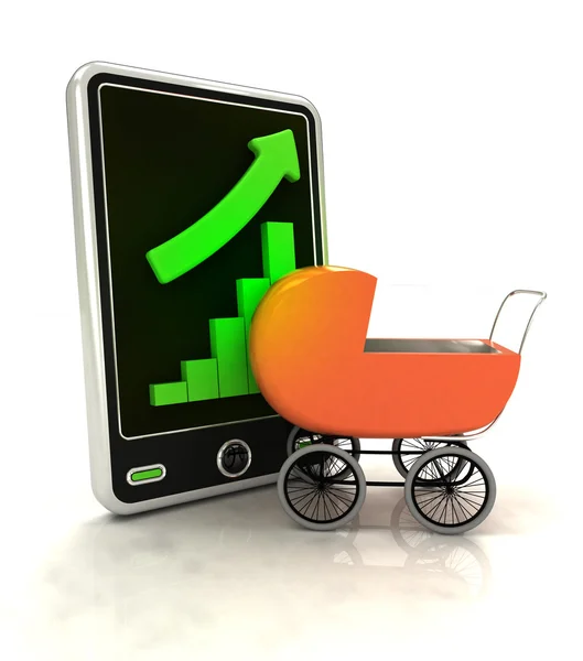 Aumento de las estadísticas gráficas con carro de bebé en la pantalla del teléfono inteligente — Foto de Stock