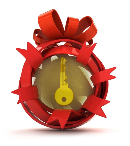 Opened red ribbon gift sphere with golden key inside — Stock Photo, Image