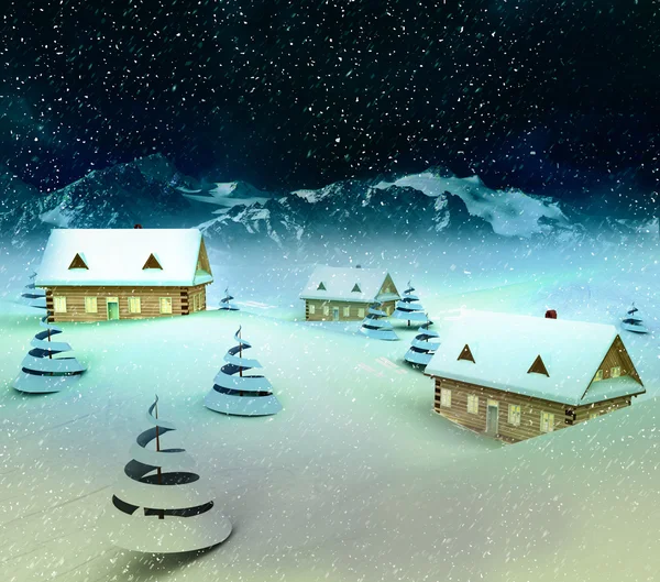 Horská vesnička v zimě sněžení — Stock fotografie