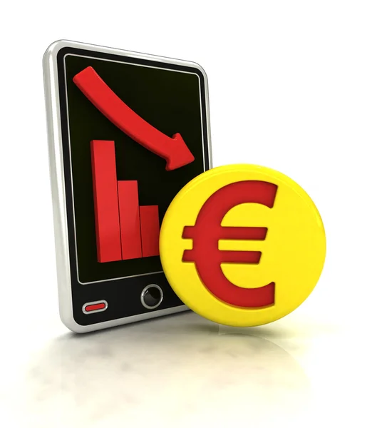 Fallande grafen av euro negativ statistik på smart display — Stockfoto