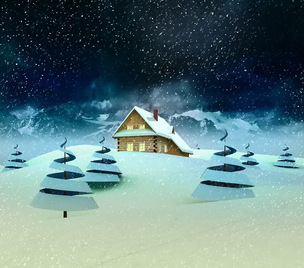 Mountain cottage in winter landscape with snowfall — Stock Photo, Image