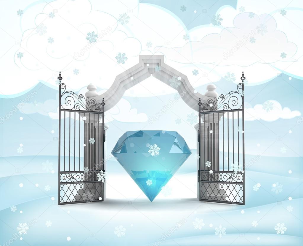 xmas gate entrance with heavenly diamond in winter snowfall