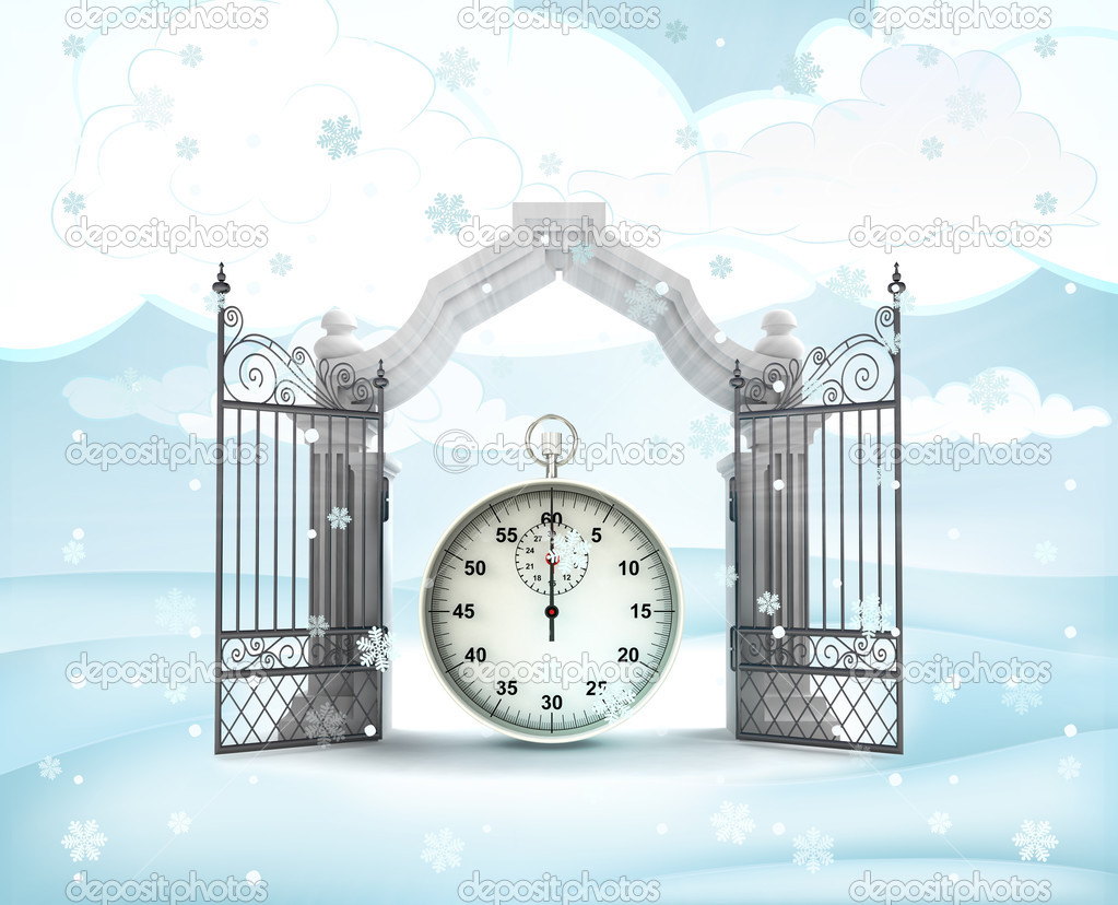 xmas gate entrance with time counter in winter snowfall