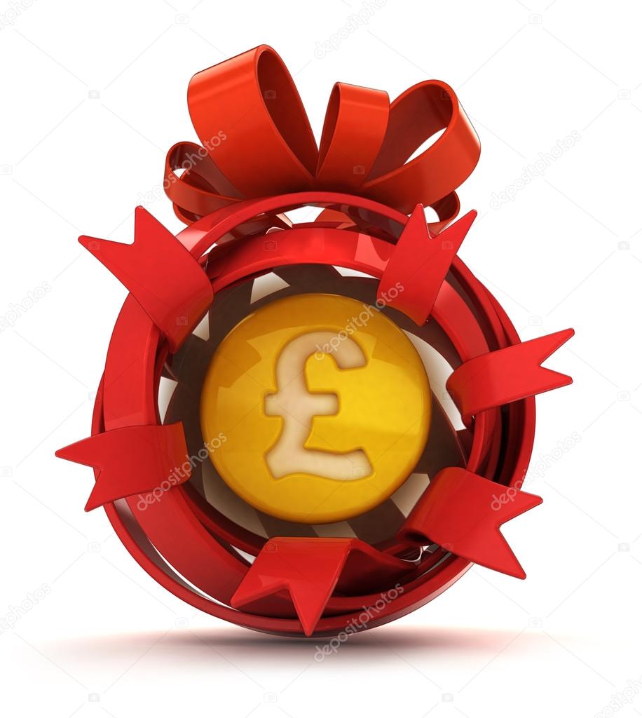 opened red ribbon gift sphere with golden Pound coin inside