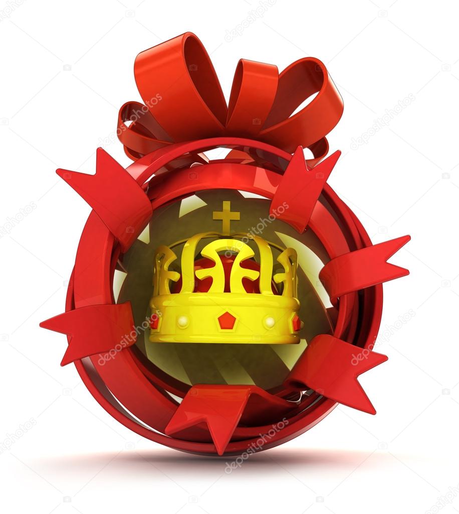 opened red ribbon gift sphere with golden kings crown inside