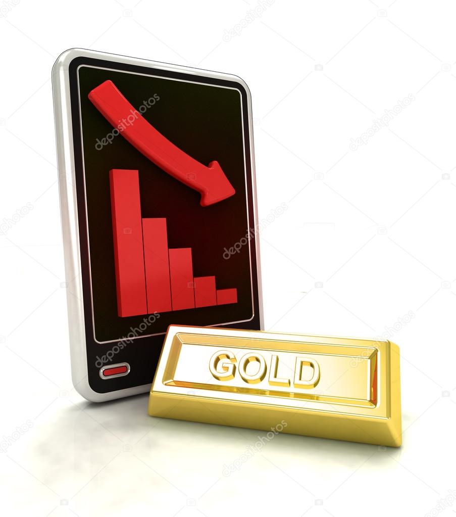 descending graph of gold production on smart phone display