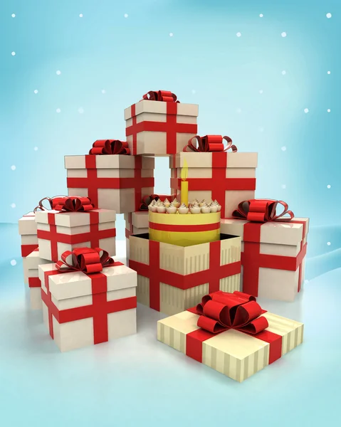 Jul gåva lådor med firandet tårta överraskning på vintern snöfall — Stockfoto