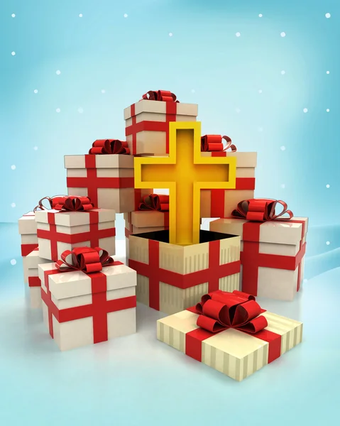 Christmas gift boxes with golden cross surprise at winter snowfall — Stock Photo, Image