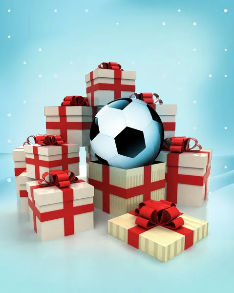 Weihnachtsgeschenkboxen mit Fußball-Überraschung bei Schneefall — Stockfoto