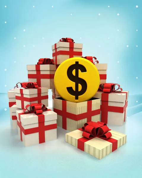 Κουτιά δώρων Χριστουγέννων με Δολάριο κέρμα έκπληξη στο χειμώνα χιονόπτωσης — Φωτογραφία Αρχείου