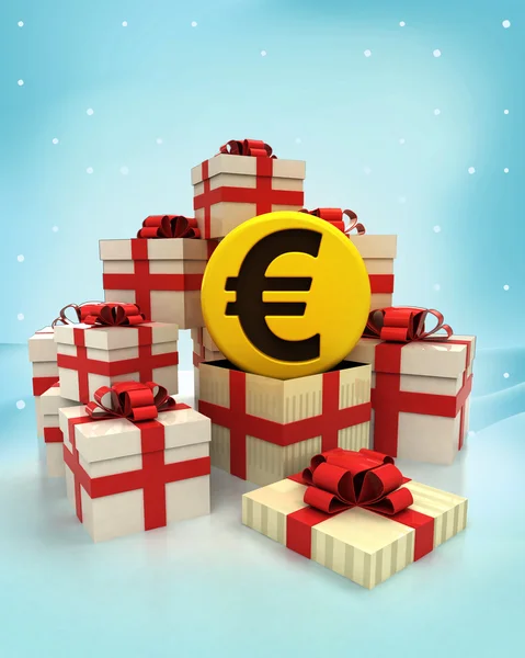 Christmas gift boxes with Euro coin surprise at winter snowfall — Stock Photo, Image