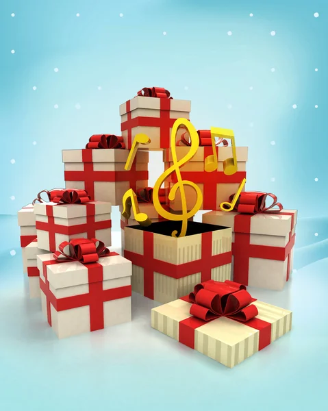 christmas gift boxes with musical surprise at winter snowfall