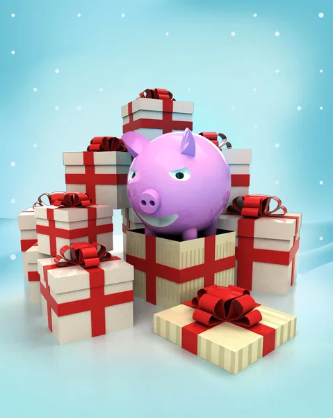 Weihnachtsgeschenkboxen mit glücklicher Schweineüberraschung bei Winterschnee — Stockfoto